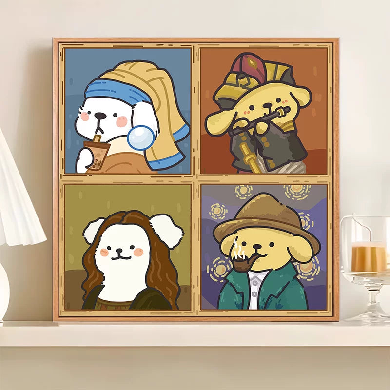 DIY Digital Oil Paint by Numbers - Cartoon Couple Puppy World Famous Painting