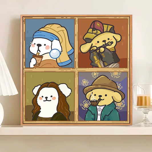 DIY Digital Oil Paint by Numbers - Cartoon Couple Puppy World Famous Painting